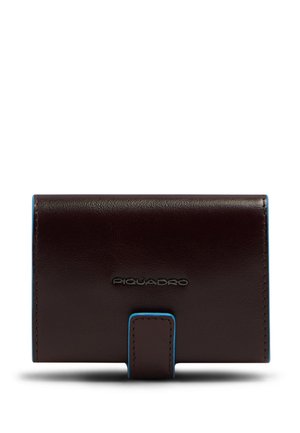Dark brown leather wallet with blue edge trim and a front snap closure, displaying the brand name Piquadro in metal lettering.