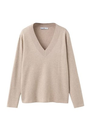 Pull beige à manches longues en maille avec col en V côtelé et coupe décontractée, présenté sur un fond blanc.