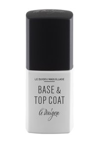 Klare Glasflasche mit schwarzem Deckel. Weißes Etikett zeigt "BASE & TOP COAT" und "le Duigou" in schwarzen Buchstaben. Schlichtes, rechteckiges Design.
