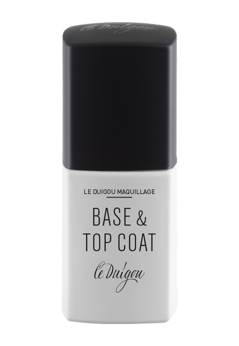 Klare Glasflasche mit schwarzem Deckel. Weißes Etikett zeigt "BASE & TOP COAT" und "le Duigou" in schwarzen Buchstaben. Schlichtes, rechteckiges Design.