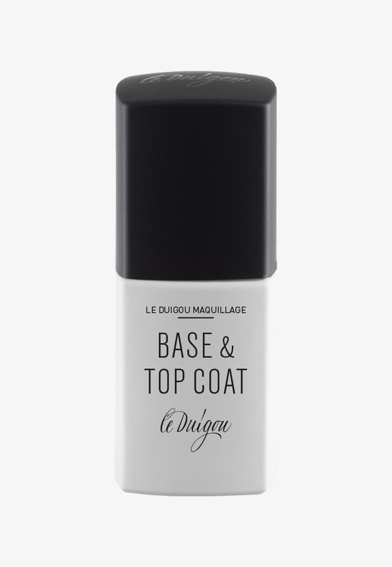 Klare Glasflasche mit schwarzem Deckel. Weißes Etikett zeigt "BASE & TOP COAT" und "le Duigou" in schwarzen Buchstaben. Schlichtes, rechteckiges Design.