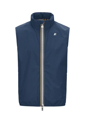Gilet senza maniche blu navy con collo alto, cerniera centrale bianca con rifiniture gialle e rosse, e piccolo logo sul lato sinistro del petto.