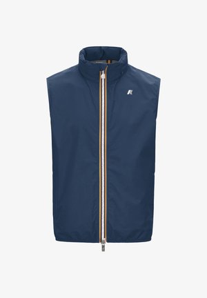 Gilet senza maniche blu navy con collo alto, cerniera centrale bianca con rifiniture gialle e rosse, e piccolo logo sul lato sinistro del petto.
