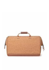 Beige Duffelbag aus strukturiertem synthetischem Material, mit einem braunen Ledergriff und Akzenten sowie Reißverschlussverschlüssen an den Seiten.