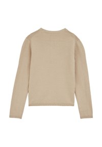 Bežs džemperis ar garām piedurknēm, apaļu kakla izgriezumu un ribotas maliņas. Izgatavots no mīksta adījuma materiāla, ar vienkāršu dizainu bez rakstiem.