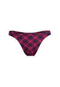 Rot-schwarzer Karo-Slip mit niedriger Taille, der eine glatte Textur und minimalen Schutz bietet. Elastischer Bund für einen sicheren Sitz.