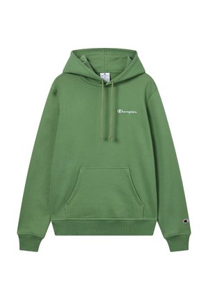 Grüner Baumwoll-Hoodie mit einer Fronttasche, verstellbaren Kordeln und einem kleinen weißen Logo. Verfügt über gerippte Bündchen und Saum für Langlebigkeit.