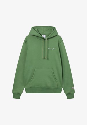 Sudadera de algodón verde con un bolsillo frontal, cordones ajustables y un pequeño logo blanco. Presenta puños y dobladillo acanalados para mayor durabilidad.