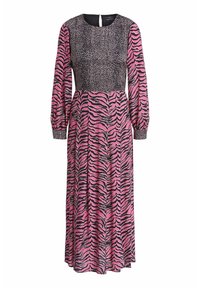 Robe à manches longues avec un motif de rayures tigre noir et rose, dotée d'un corsage ajusté et d'une jupe fluide. Tissu lisse, encolure ronde.