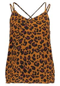 Camisole in stampa leopardata color ambra, con spalline incrociate sottili e una vestibilità comoda. Tessuto testurizzato con accenti neri e viola.