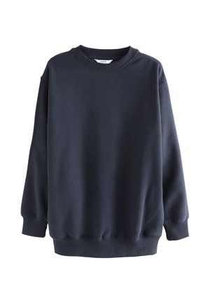 Sweat-shirt bleu marine foncé à col rond, manches longues, poignets et ourlet côtelés, présenté sur fond blanc.