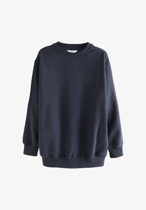 Felpa blu navy scuro con collo tondo, maniche lunghe e polsini e orlo a coste, mostrata su sfondo bianco.
