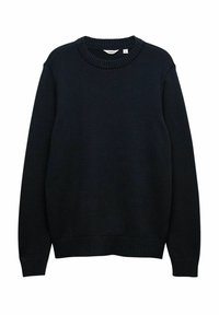 Maglione a collo rotondo in maglia nera con maniche lunghe e polsini e orlo a coste, esposto su uno sfondo bianco.