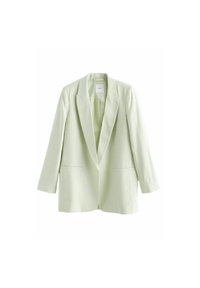 Veste cintrée vert clair avec revers crantés et deux poches fendues devant, présentée sur fond blanc.