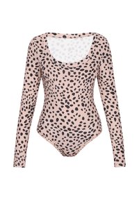 Pitkähihainen bodysuit vaaleanpunaisena mustilla leopardipilkkuilla; sileä kangas; pyöreä pääntie; kapea siluetti; minimaalinen ompelu.