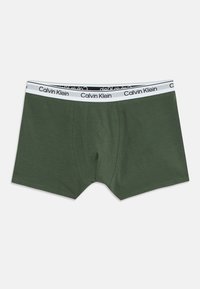Boxer briefs vert olive en tissu doux, dotés d'une ceinture élastique blanche avec le logo noir "Calvin Klein". Design classique.