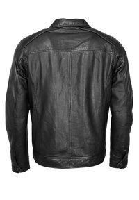 Svart skinnjacka med slät textur, skräddarsydd passform och subtila axeldetaljer. Inkluderar knappade manschettdetaljer och sömmar bak.