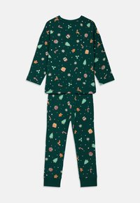 Conjunto de pijama em algodão verde, com manga longa e calças, decorado com padrões de Natal, incluindo árvores, presentes e flocos de neve.