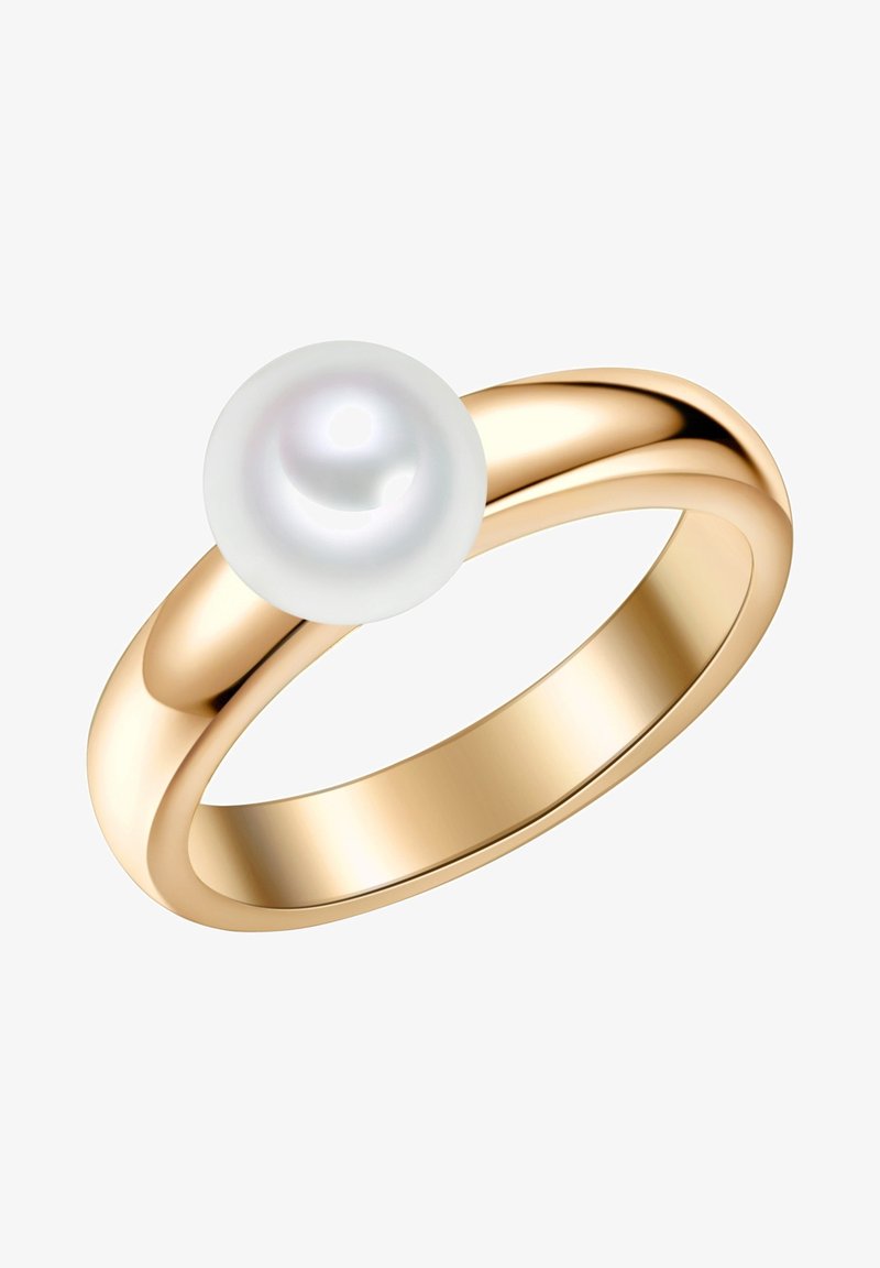 Aranygyűrű sima, fényes felülettel és egy kerek, fehér gyönggyel a tetején. A gyűrűszalag enyhén ívelt formájú.