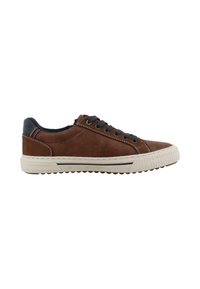 Sneaker in pelle marrone con punta rotonda, lacci blu navy e suola in gomma texturizzata. Presenta un tallone scuro in contrasto e dettagli di cucitura.
