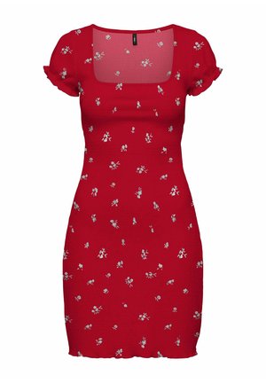 Piros, testhez simuló ruha rövid pufi ujjakkal, négyzet alakú nyakkivágással, kis fehér virágmintával és finom fodros részletekkel az ujjak szegélyén és az alján.