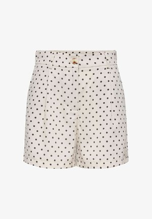 Fehér, magasderekú rövidnadrág fekete pöttyökkel, elöl gombos záródással, övbújtatókkal és redőkkel mindkét oldalon.