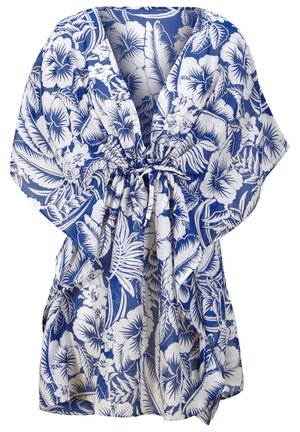 Couverture florale en tissu bleu et blanc. Présente des manches courtes, un col en V et une taille à cordon. Léger avec des motifs tropicaux.