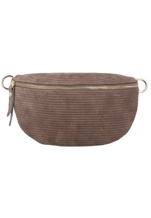 Banane en tissu côtelé marron avec fermeture éclair dorée et anneaux métalliques de chaque côté pour attacher une bandoulière.
