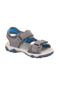 Grau Sandale mit blauen Akzenten, aus weichem Stoff und Mesh gefertigt. Verfügt über zwei verstellbare Riemen und eine strukturierte Außensohle für guten Halt.