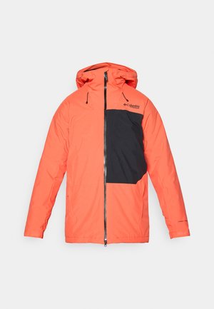 Bright coral hooded jacket with a black chest panel, featuring a zip closure, adjustable drawstring, and logo on the upper left side.
