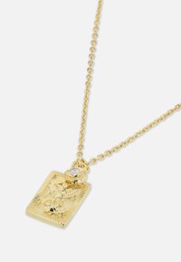 Guldkæde med en rektangulær vedhæng, der har en forhøjet vinget figur og en lille rund ædelsten over den.