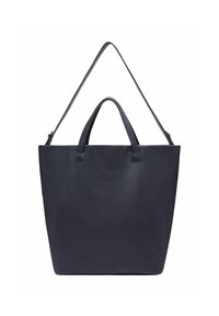 Duża, ciemnoniebieska skórzana torba tote z dwiema krótkimi rączkami i jednym długim, regulowanym paskiem na ramię.