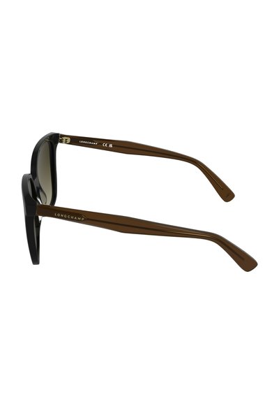 Schwarze, rechteckige Sonnenbrille mit braunen Kunststoffbügeln, verziert mit einer goldenen Logo-Gravur und verlaufenden Gläsern. Robustes Design und glatte Oberfläche.