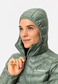 Groene geïsoleerde jas met een capuchon, voorzien van een gewatteerd ontwerp, hoge kraag en rits sluiting. Logo zichtbaar op het linkerbovenborstgebied.