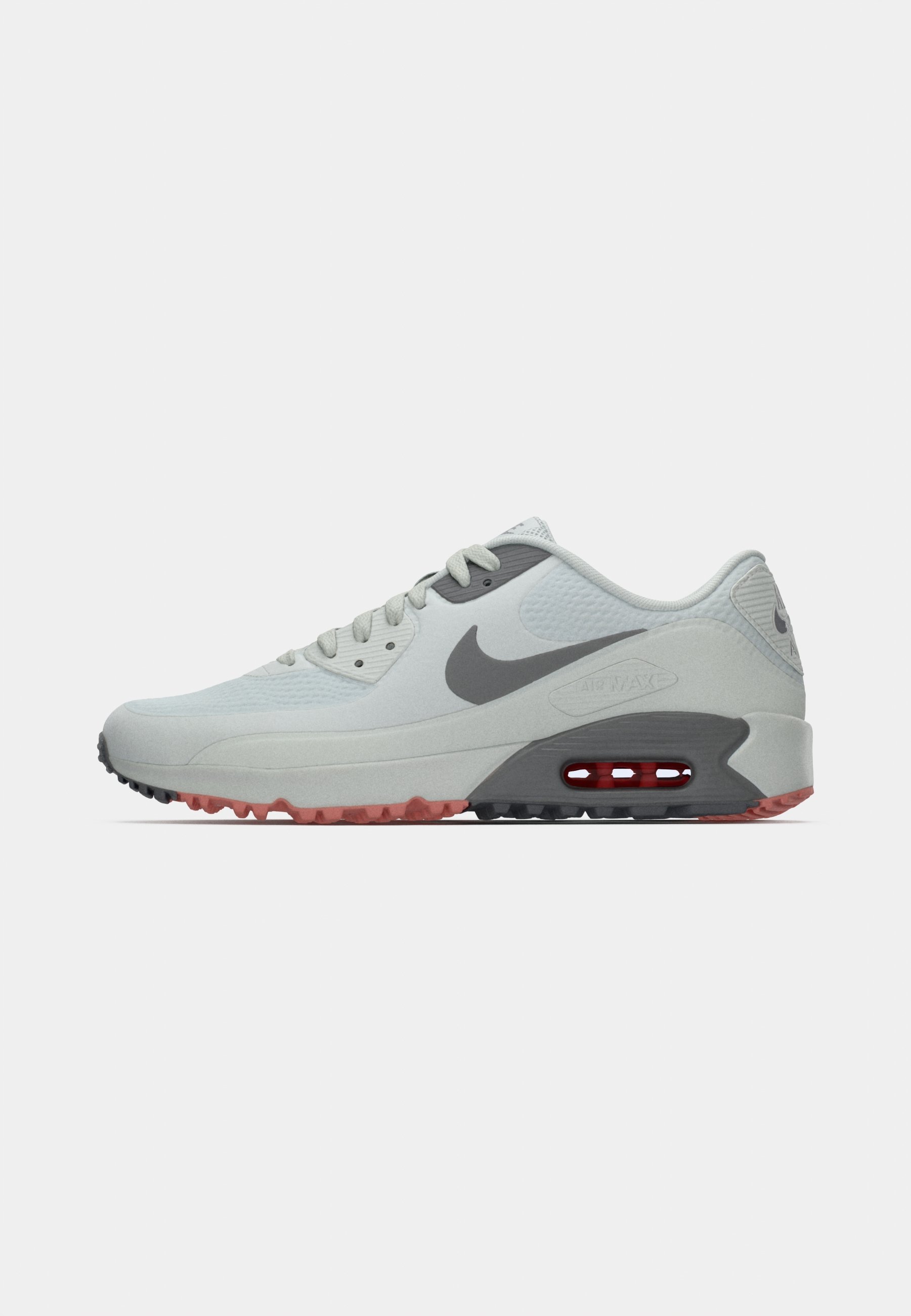 gray nike shoes with red swoosh