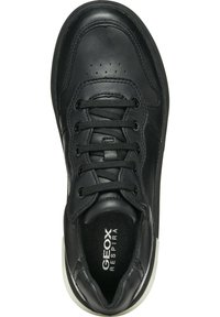 Sneaker in pelle nera con punta rotonda, chiusura con lacci, dettagli perforati sulla parte superiore e suola in gomma a contrasto. Presenta il marchio Geox.