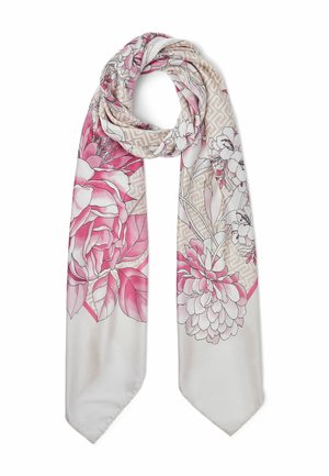 Sciarpa lunga rettangolare con motivi floreali rosa e beige e dettaglio geometrico sullo sfondo su base bianca.