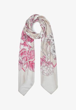 Długi prostokątny szal z różowo-beżowymi kwiatowymi wzorami i geometrycznymi detalami na białym tle.