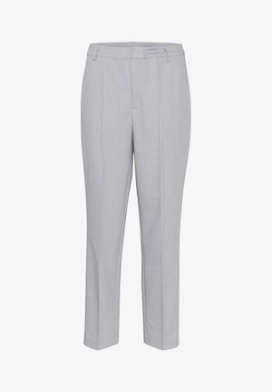 Pantaloni grigi in tessuto liscio, taglio dritto e minimalismo nei dettagli. Presenta un davanti piatto e due tasche laterali.