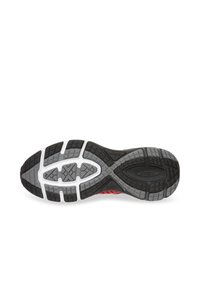 Semelle de chaussure de sport noire et grise en caoutchouc texturé, avec un design courbé, des rainures profondes pour une bonne adhérence, et une semelle intermédiaire de couleur blanche.
