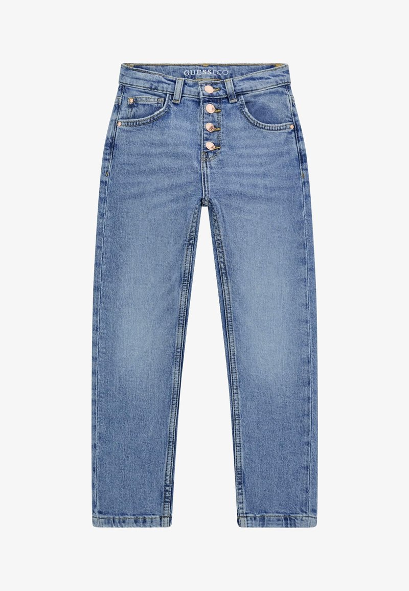 Jeans en denim bleu clair taille haute avec quatre boutons en cuivre, poches avant, passants pour ceinture et jambes droites.