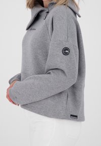 Grauer Sweatshirt mit hohem Kragen, Reißverschluss, Seitenschlitzen und Logopatch am Ärmel. Hergestellt aus weichem, strukturiertem Stoff.