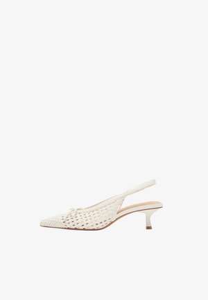 White woven slingback kitten heel with pointed toe and small bow detail on upper, displayed on white background.