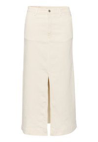 Jupe midi en denim beige avec une fente sur le devant, fermeture à bouton et à zip, passants de ceinture et coupe droite. Finition propre au bas et aux coutures.