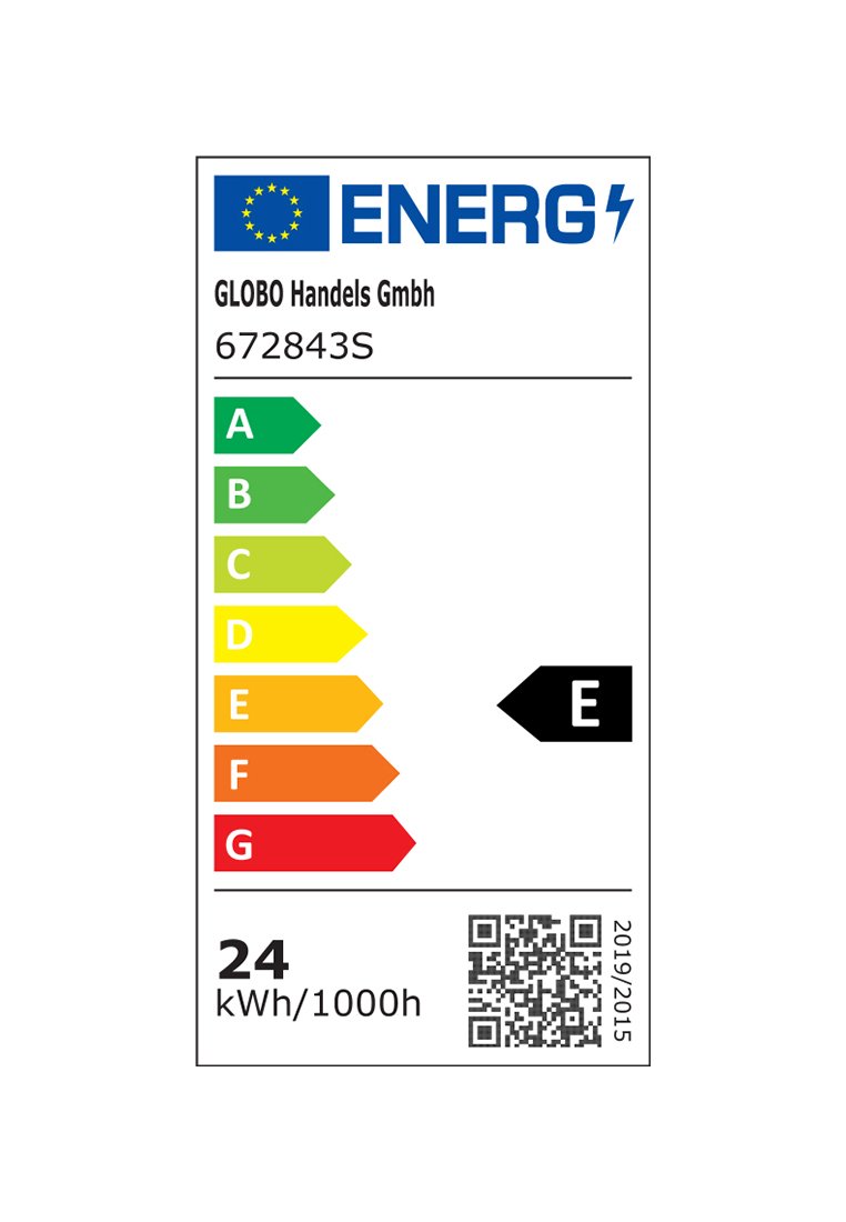 Energetický štítek produktu s zelenými, žlutými a červenými šipkami, které naznačují energetickou účinnost. Výrazné hodnocení "E" s QR kódem a podrobnostmi o použití.
