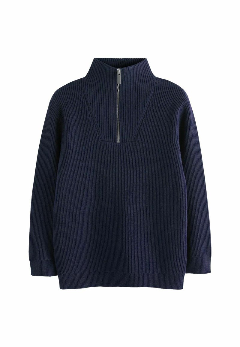 Pull-over en maille côtelée bleu marine avec manches longues et col à fermeture éclair partielle, présenté à plat sur un fond blanc.