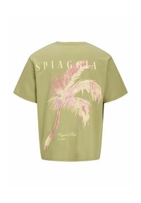 Olivengrøn kortærmet t-shirt med et pink palmetræ grafik og "SPIAGGIA" tekst på ryggen, med en afslappet pasform og rund hals.