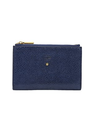 Portefeuille en cuir texturé bleu marine avec fermeture éclair en or et petit ornement en forme d'étoile dorée centré sur le devant.