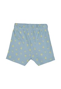 Modré bavlněné šortky s žebrovanou strukturou, s opakovaným vzorem banánů v žluté barvě. Elastický pas pro pohodlné nošení a přizpůsobení.