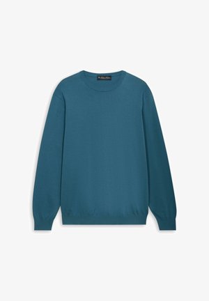Turquoise longsleeve trui met ronde hals en geribbelde boorden bij de mouwen en zoom, plat uitgestald op een witte achtergrond.